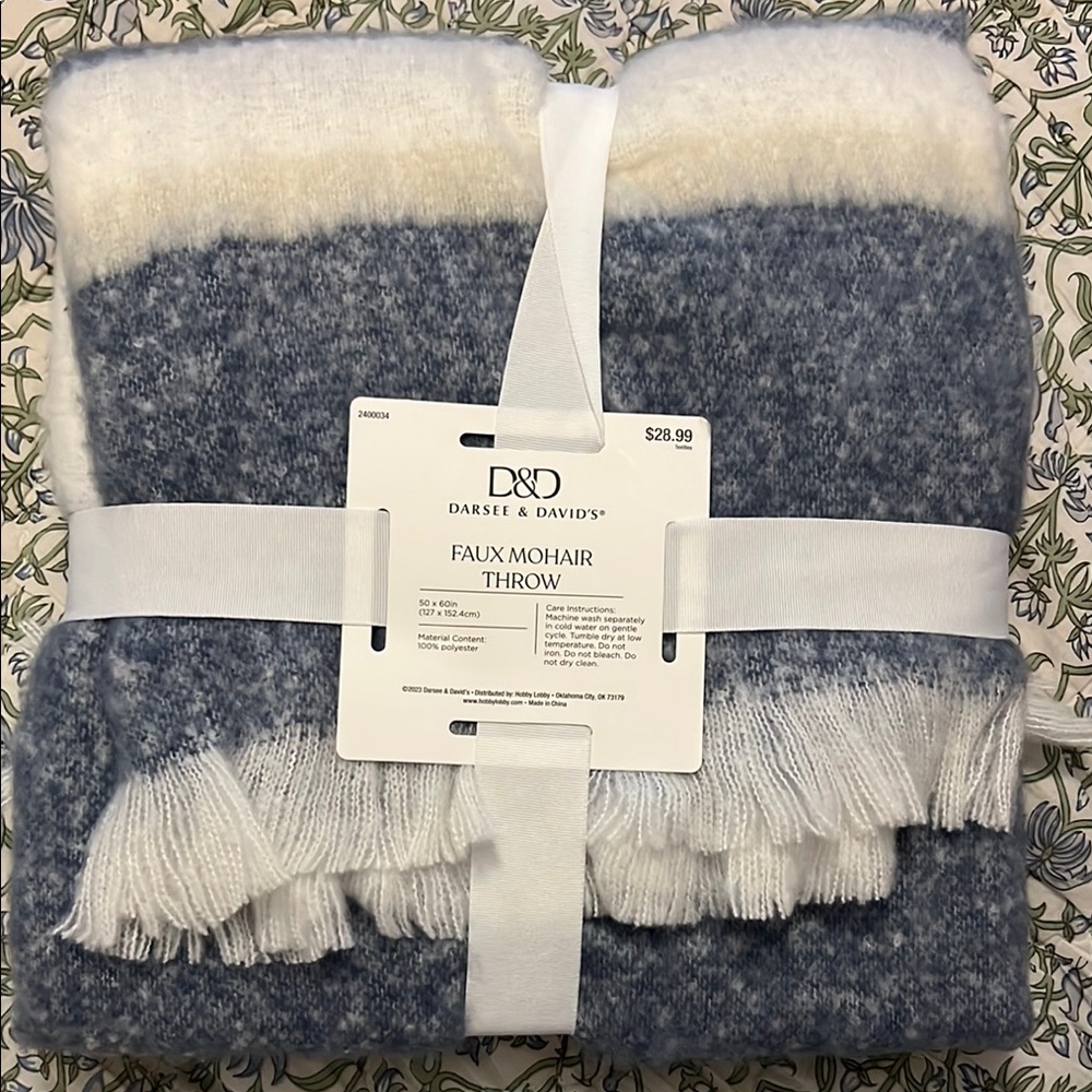 Blue and White Plush Blanket with Faux Fur Trim